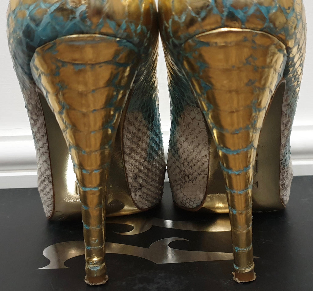 GINA Blue Gold Python Leather Peep Toe Platform High Evening Sandals Shoes UK4.5