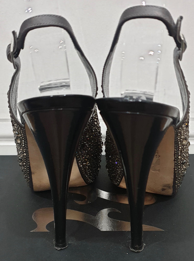 GINA Dark Grey Satin Crystal Embellished Peep Toe Platform Evening Sandals UK4.5