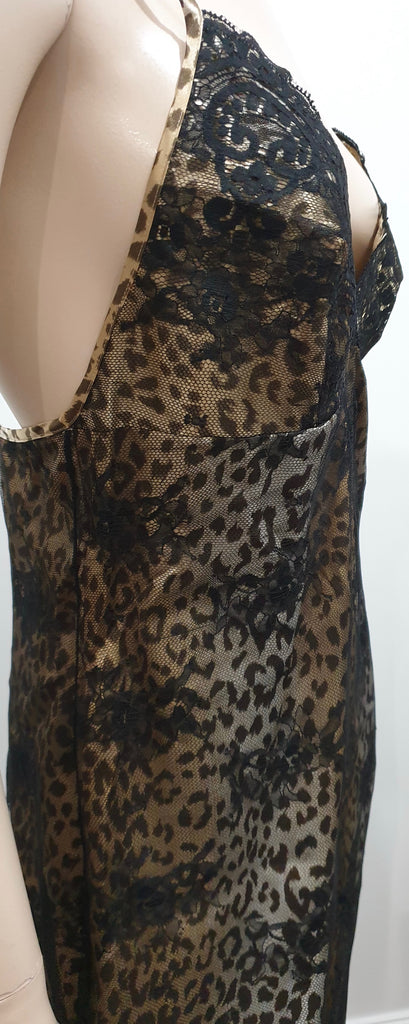 VERDE VERONICA Silver Beige Leopard Black Lace Nightdress Slip Dress UK14 BNWT