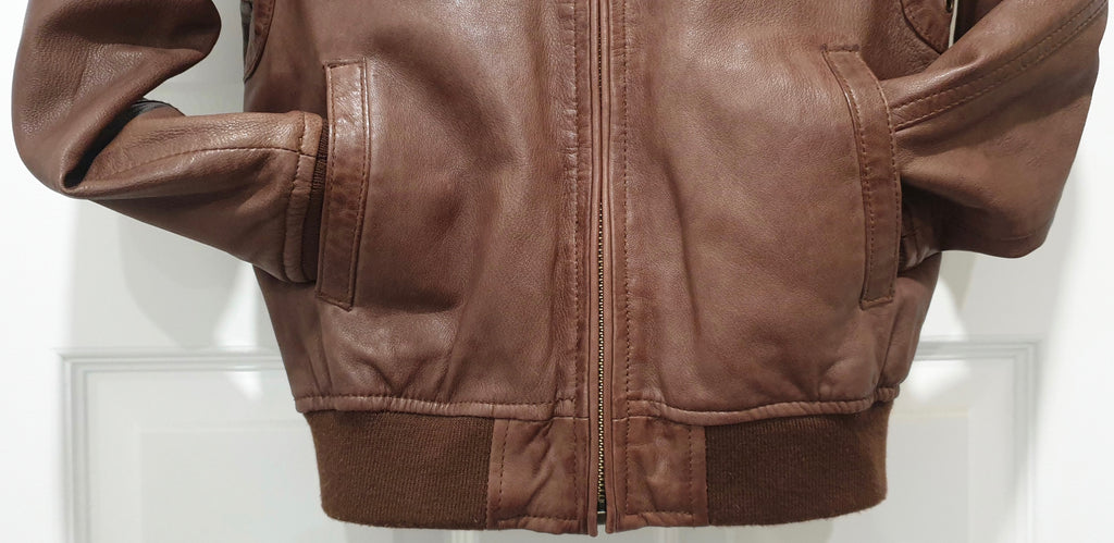 HACKETT Junior Boy's Brown Leather Collared Rib Trim Lined Casual Jacket 5-6YR