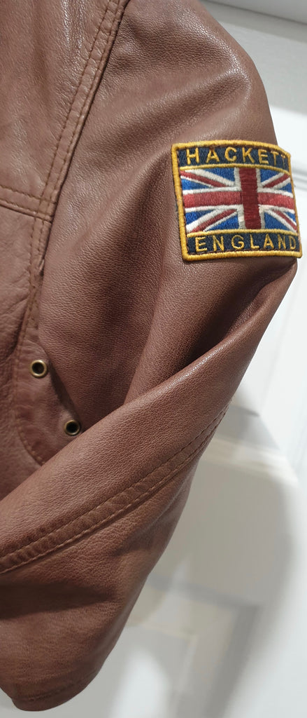 HACKETT Junior Boy's Brown Leather Collared Rib Trim Lined Casual Jacket 5-6YR