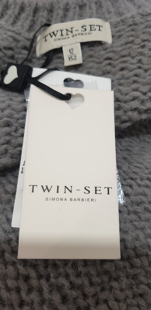 TWIN SET SIMON BARBIERI Grey Chunky Knit Silver Metallic Heart Cardigan 12 BNWT