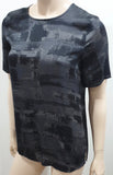 EILEEN FISHER Black & Charcoal Grey Silk Abstract Print Short Sleeve Blouse Top
