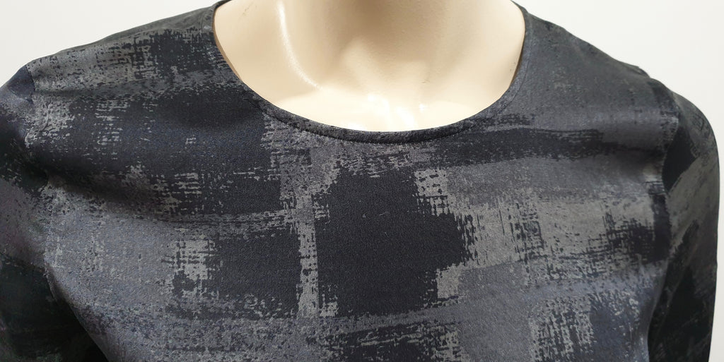 EILEEN FISHER Black & Charcoal Grey Silk Abstract Print Short Sleeve Blouse Top