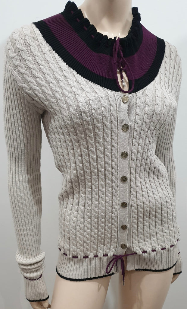 GUCCI Beige Wool Blend Cable Knit Purple Black Accent Tie Neckline Cardigan M
