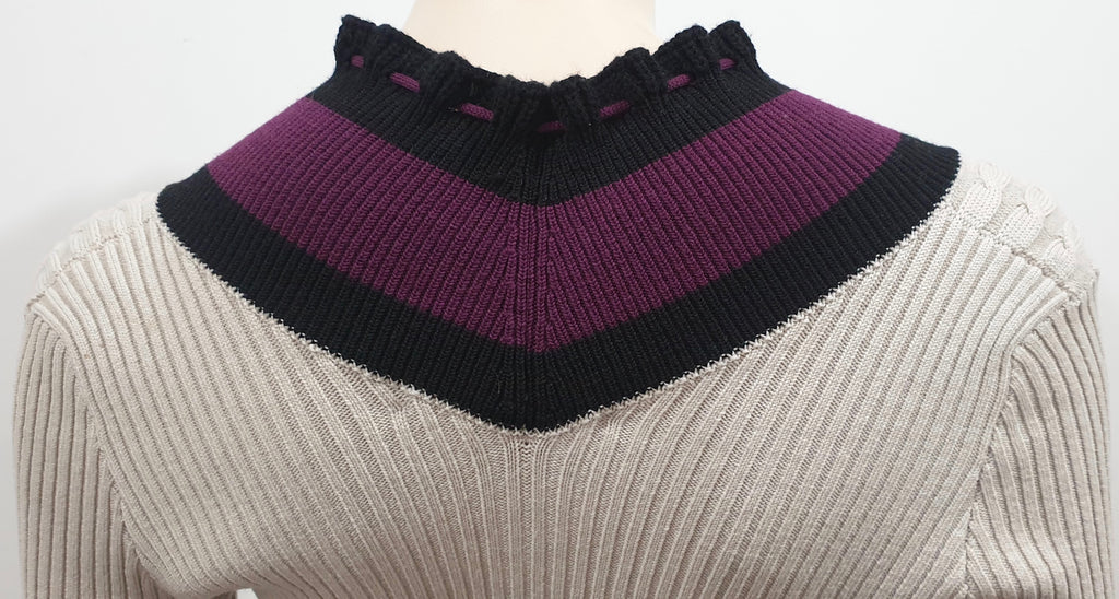 GUCCI Beige Wool Blend Cable Knit Purple Black Accent Tie Neckline Cardigan M