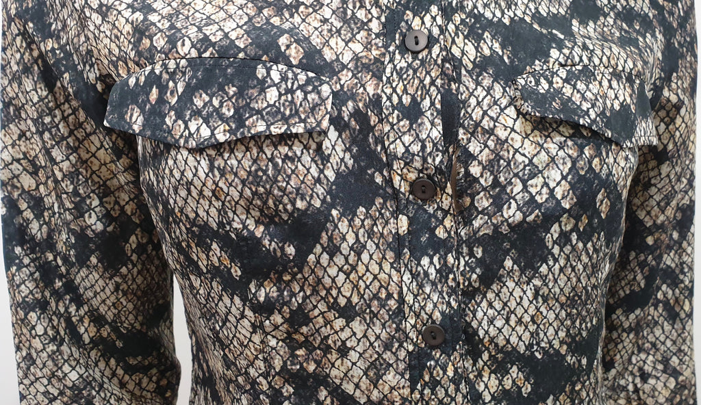 THEORY Black Grey Cream Silk Animal Print Collar Long Sleeve Shirt Dress 6 UK10