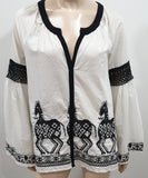 MILLA White & Black Aztec Embroidered Long Sleeve Smoked Tunic Blouse Top S