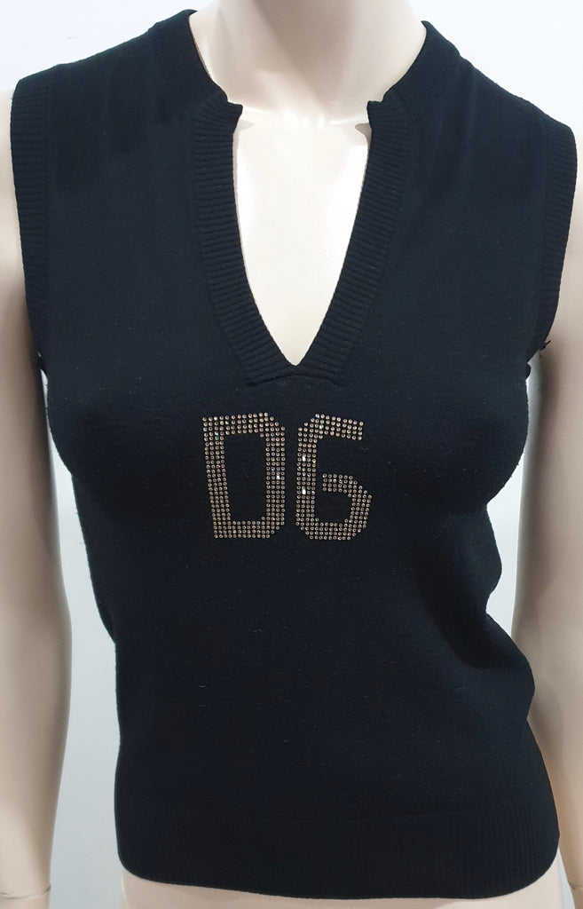 DOLCE & GABBANA Black Fine Knit Diamante Sleeveless Tank Jumper Top IT38 UK6