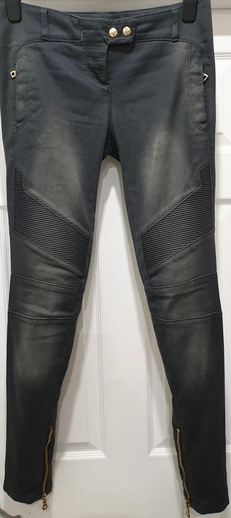 BALMAIN PARIS Grey Cotton Blend Skinny Denim Biker Jeans Trousers Pants 40 UK12