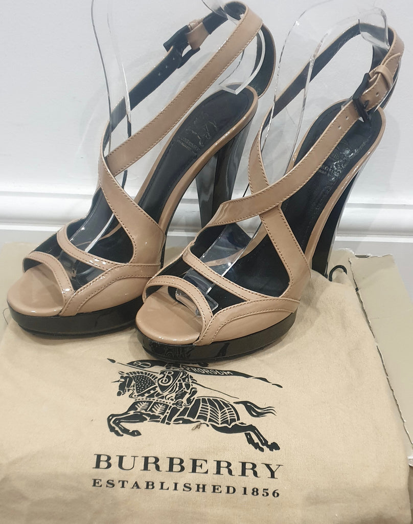 BURBERRY Nude Beige Leather Patent Strappy High Sandals Shoes EU38.5 UK5.5