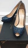 GIUSEPPE ZANOTTI Blue Leather Animal Print Peep Toe Hidden Platform Shoes 38.5