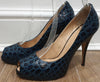 GIUSEPPE ZANOTTI Blue Leather Animal Print Peep Toe Hidden Platform Shoes 38.5