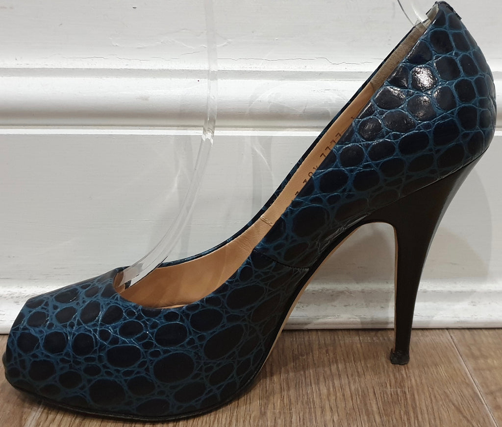 GIUSEPPE ZANOTTI Blue Leather Animal Print Peep Toe Hidden Platform Shoes 38.5