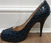 GIUSEPPE ZANOTTI Blue Leather Animal Print Peep Toe Hidden Platform Shoes 38.5