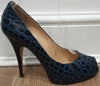 GIUSEPPE ZANOTTI Blue Leather Animal Print Peep Toe Hidden Platform Shoes 38.5