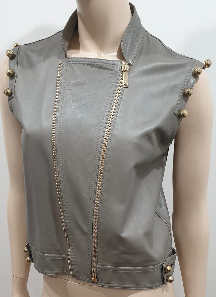 MATTHEW WILLIAMSON Grey Leather Detachable Sleeve Lined Jacket Gilet UK10