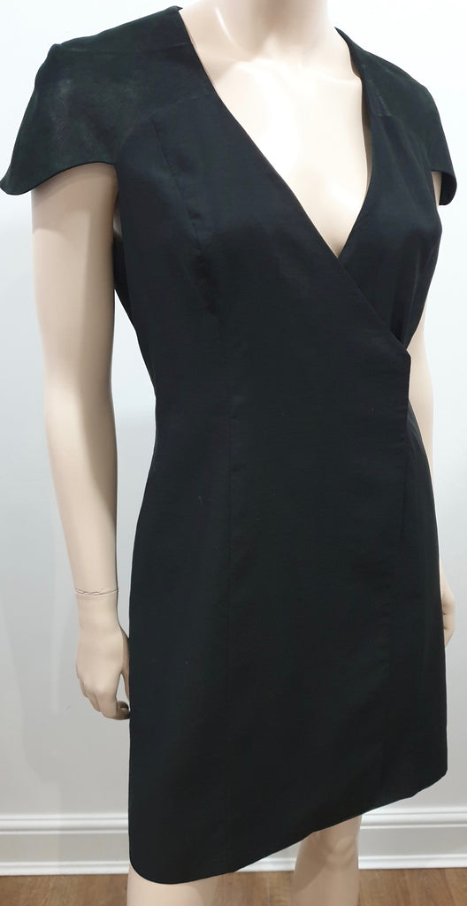 HELMUT LANG Black Virgin Wool & Silk Short Leather Sleeve Wraparound Dress UK12