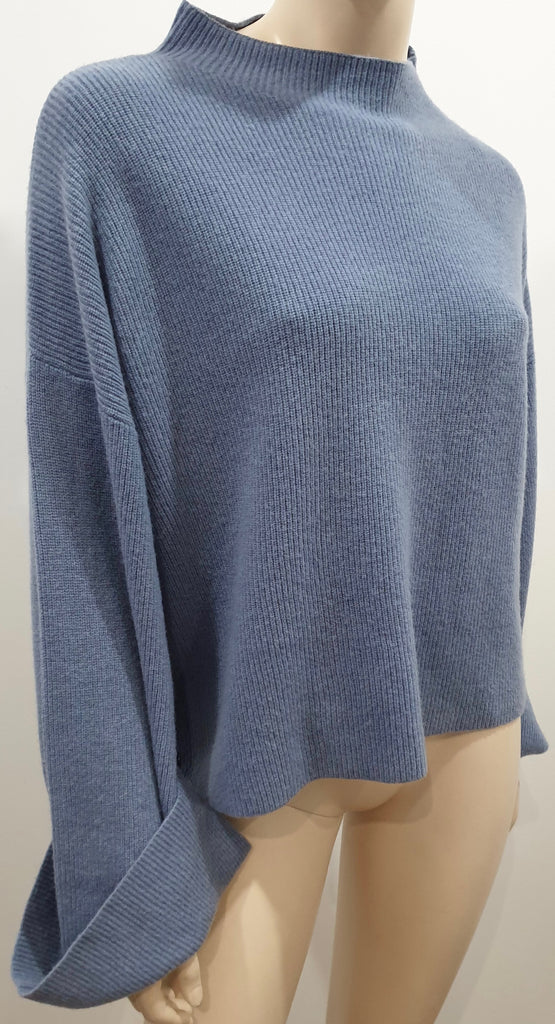 CHLOE Pale Powder Blue Wool Ribbed Button Flare Cuff Jumper Sweater Top M/L