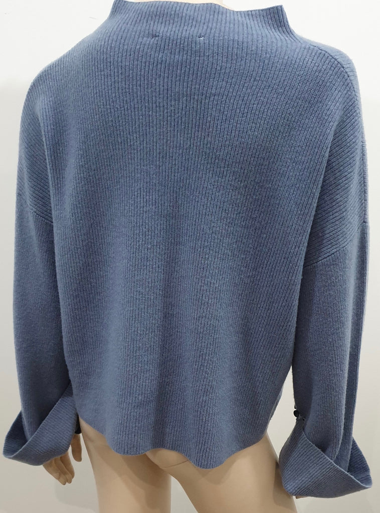CHLOE Pale Powder Blue Wool Ribbed Button Flare Cuff Jumper Sweater Top M/L