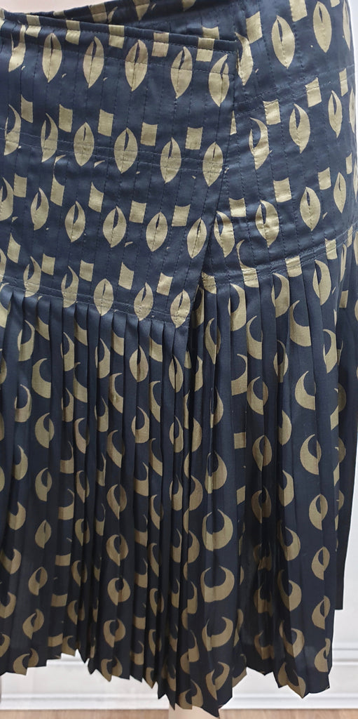 DRIES VAN NOTEN Women's Black Khaki Silk Geometric Printed Pleated Skirt 36 UK8