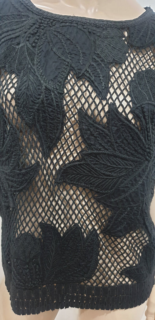 ISABEL MARANT ETOILE Black Cotton Floral Sheer Net Short Sleeve Blouse Top S