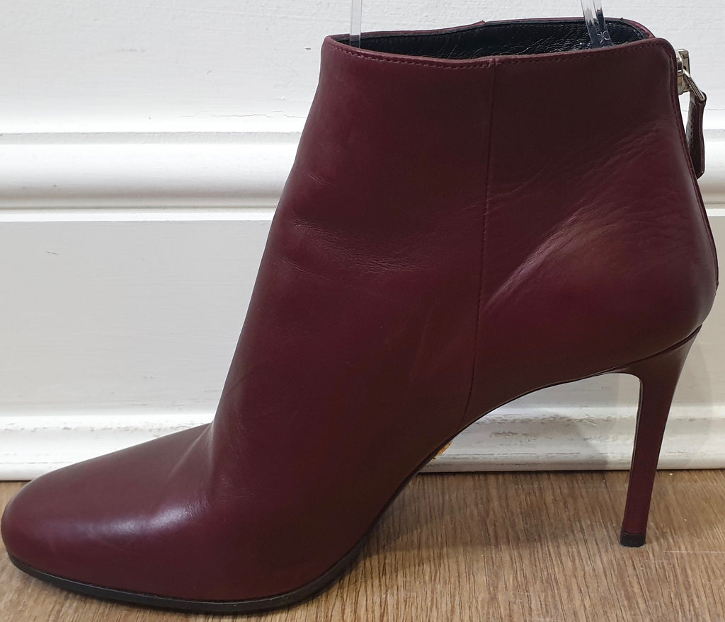 PRADA Burgundy Leather Round Toe Zip Fastened Stiletto Heel Ankle Boots 39 UK6