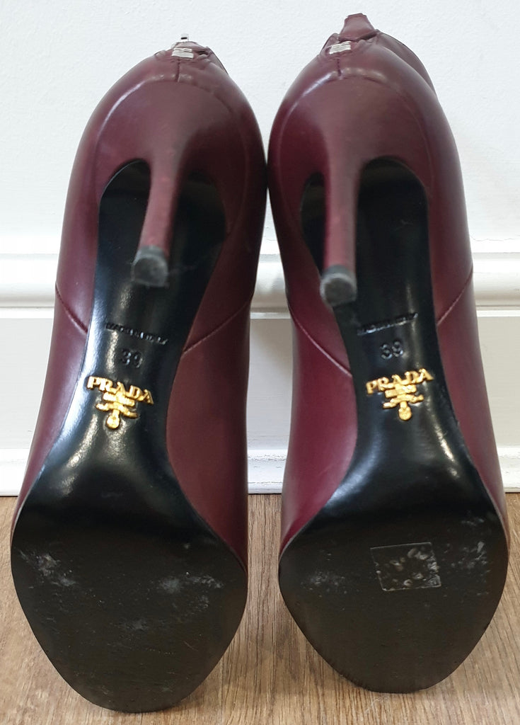 PRADA Burgundy Leather Round Toe Zip Fastened Stiletto Heel Ankle Boots 39 UK6