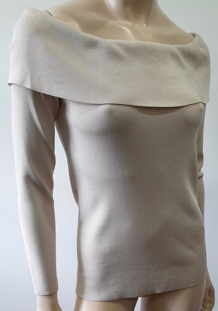 REISS Pale Beige Elasticated Wide Neckline Fine Rib Knitwear Jumper Sweater Top