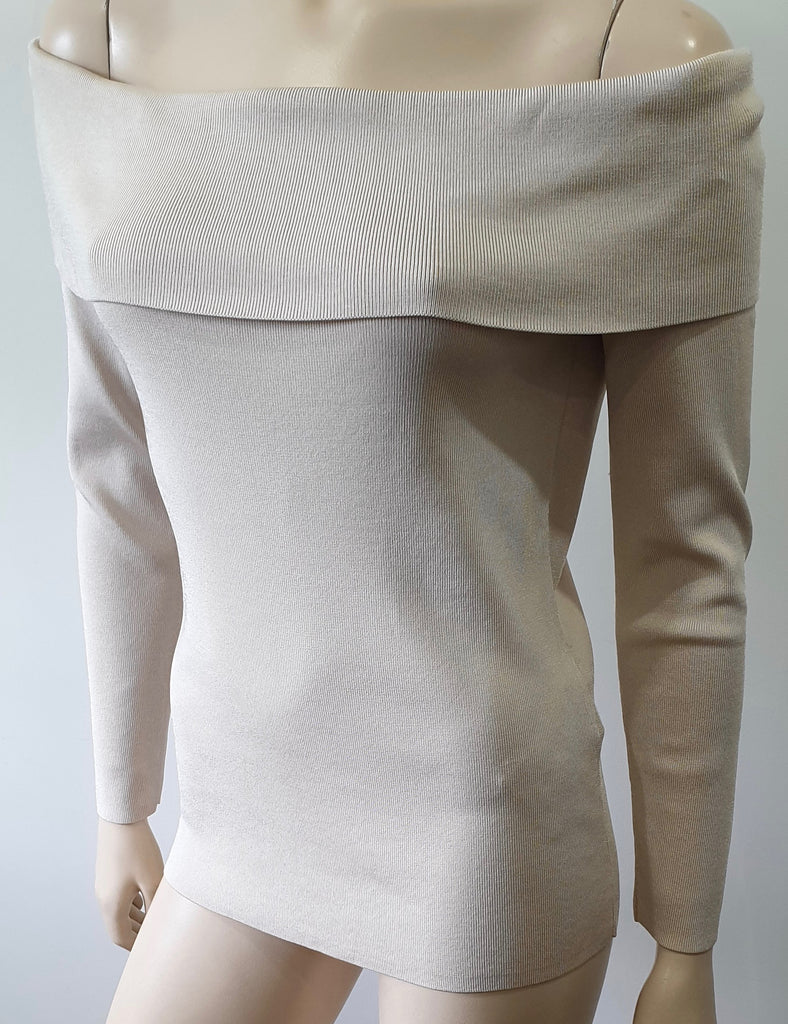 REISS Pale Beige Elasticated Wide Neckline Fine Rib Knitwear Jumper Sweater Top
