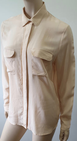 REBECCA TAYLOR Nude Beige 100% Silk Collarless 3/4 Sleeve Blouse Shirt Top UK10