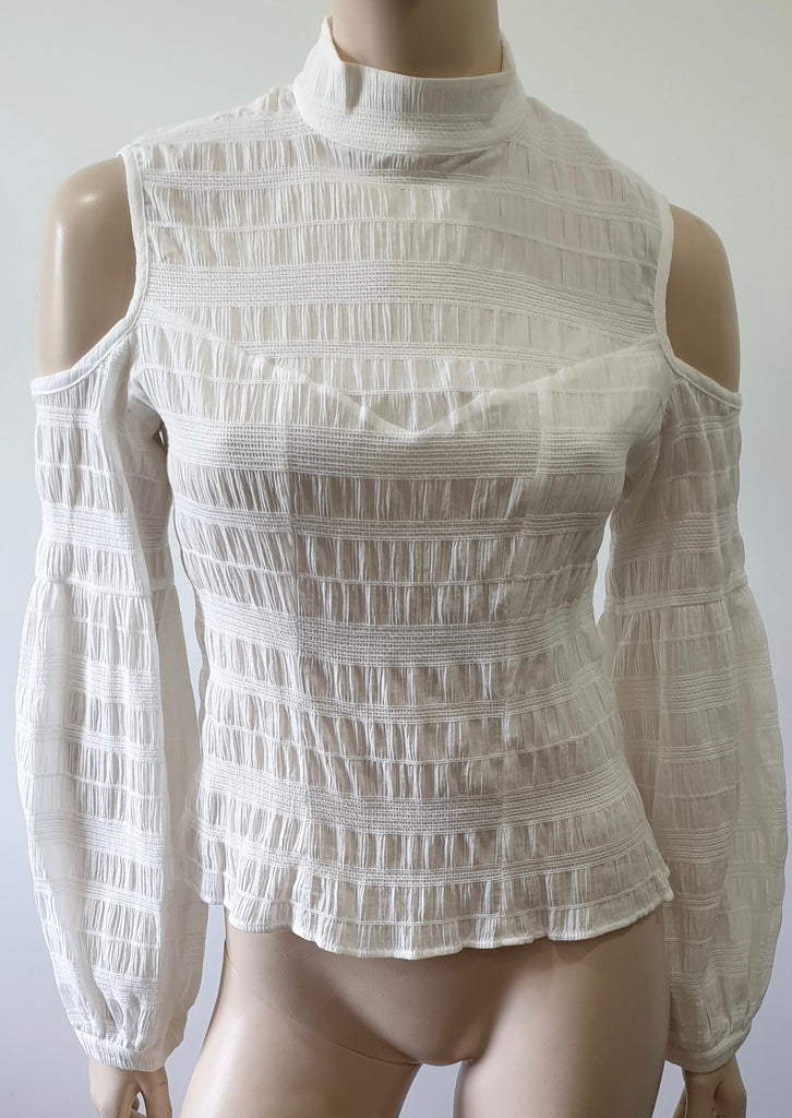 DONNA IDA Winter White Cotton High Neck Pleated Crinkle Fabric Fitted Blouse Top