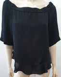 REBECCA TAYLOR Black Silk Elasticated Neck Short Sleeve Lined Blouse Top UK12