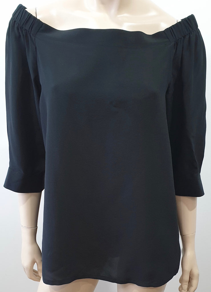 THEORY Black Silk Elasticated Wide Neck Off Shoulder 3/4 Sleeve Blouse Tunic Top