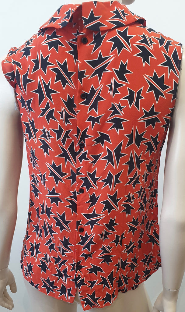 MIU MIU Navy Blue Orange Red Silk Star Print Collar Sleeveless Blouse Shirt 42