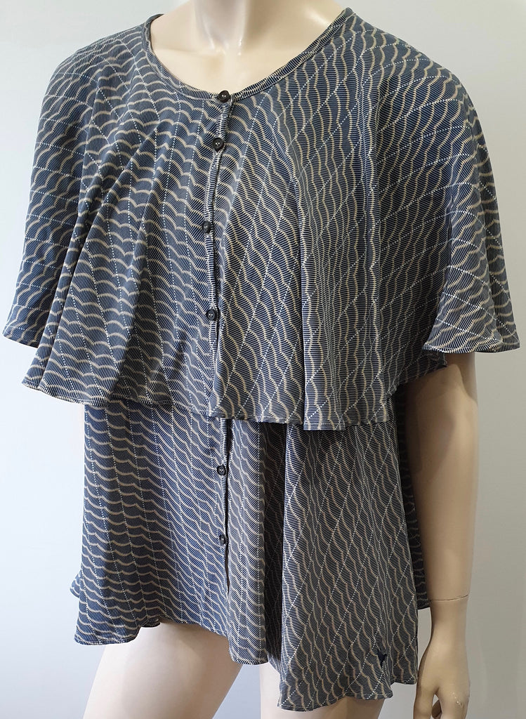 MIH COLLECTION Blue Grey Beige Silk Short Sleeve Layered Printed Blouse Top M