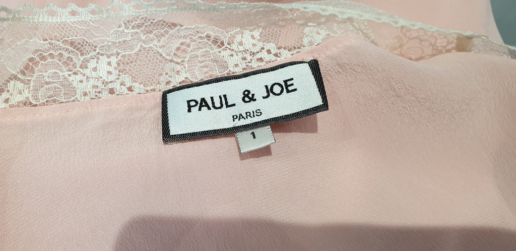 PAUL & JOE PARIS Pale Pink Silk Plunge V Neck Lace Insert Cami Blouse Top 1 UK8