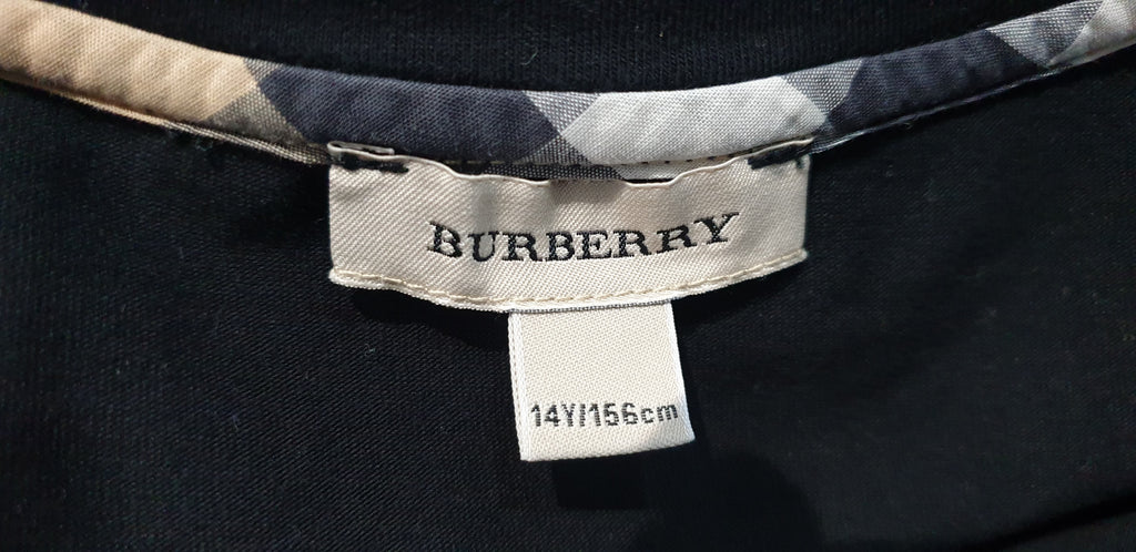 BURBERRY Childrens Black Cotton Beige Check Trim Long Sleeve T-Shirt Tee Top 14Y