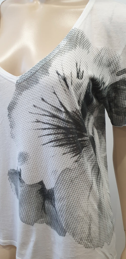 JOSEPH White Grey Cotton Floral Print V Neck Short Sleeve T-Shirt Tee Top L