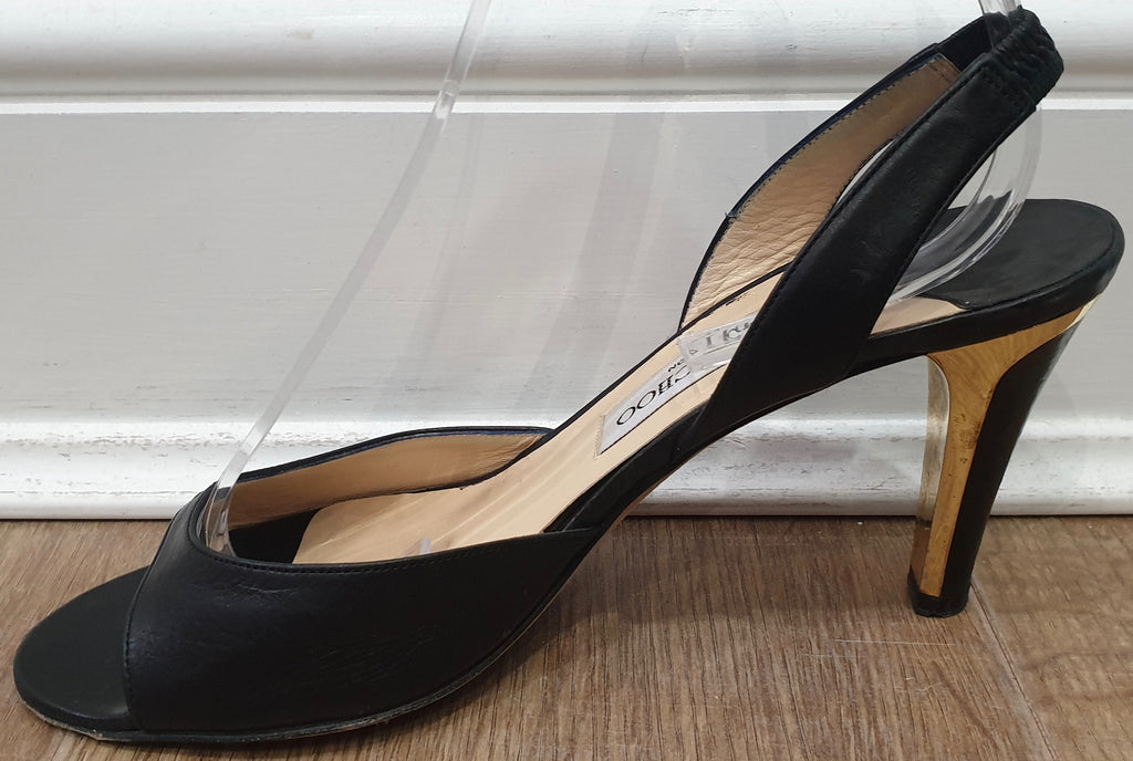 JIMMY CHOO Black Leather Peep Toe Elastic Slingback Gold Tone High Heel Sandals