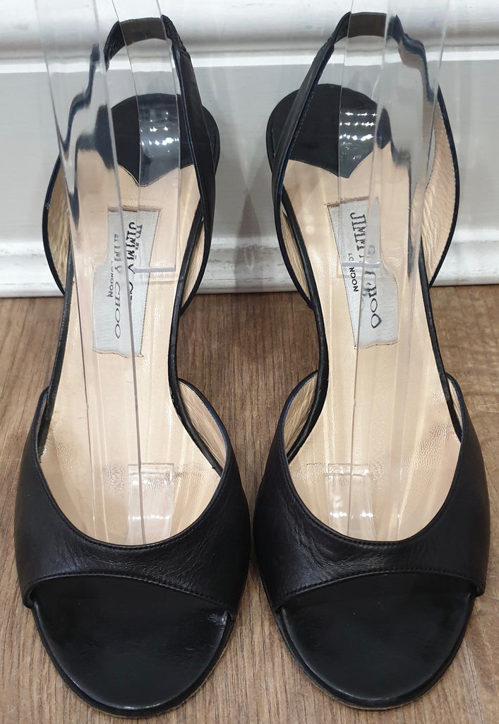 JIMMY CHOO Black Leather Peep Toe Elastic Slingback Gold Tone High Heel Sandals