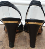 JIMMY CHOO Black Leather Peep Toe Elastic Slingback Gold Tone High Heel Sandals