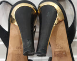 JIMMY CHOO Black Leather Peep Toe Elastic Slingback Gold Tone High Heel Sandals