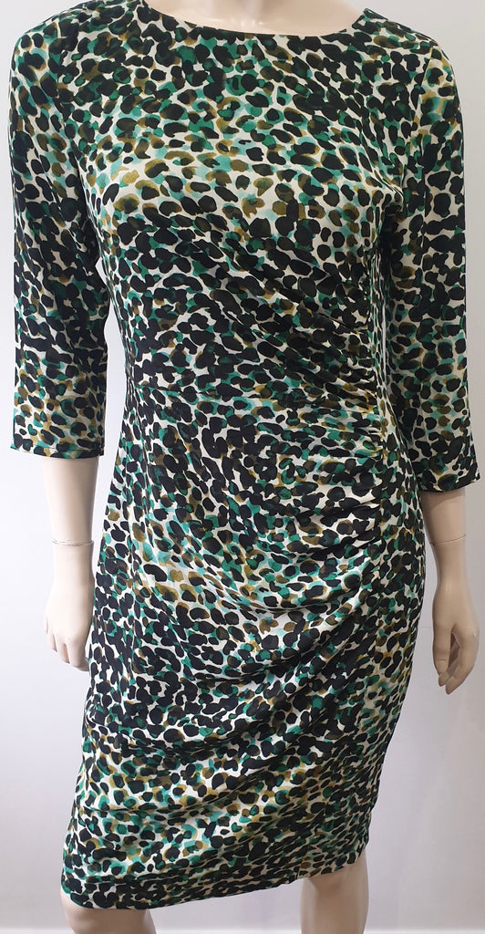 FARHI BY NICOLE FARHI Green White Black Animal Print Ruched Pencil Dress UK10