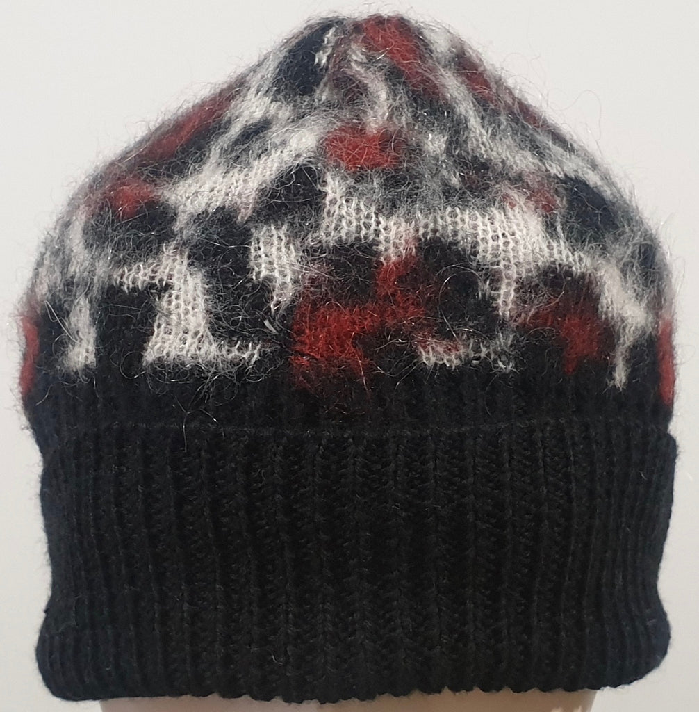 SANDRO Black Red & Cream Animal Pattern Angora Blend Ribbed Trim Beanie Hat