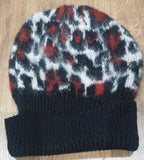 SANDRO Black Red & Cream Animal Pattern Angora Blend Ribbed Trim Beanie Hat