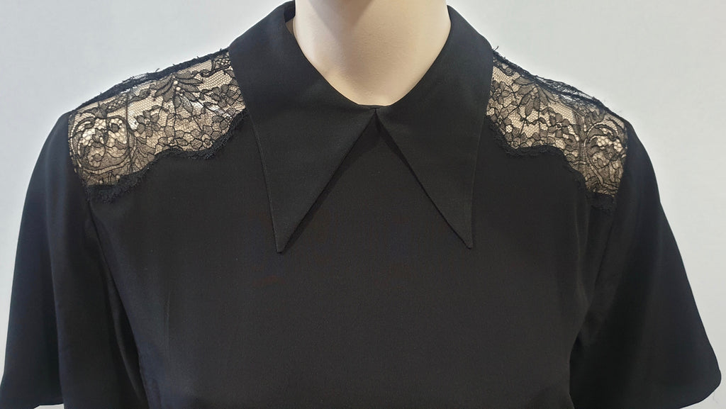 MIU MIU Black Silk Collared Floral Lace Panel Short Sleeve Pleated Dress 44 UK10
