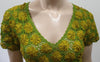 ERIC RAISINA Green & Yellow Silk Loose Embroidery Floral Detail Short Sleeve Top