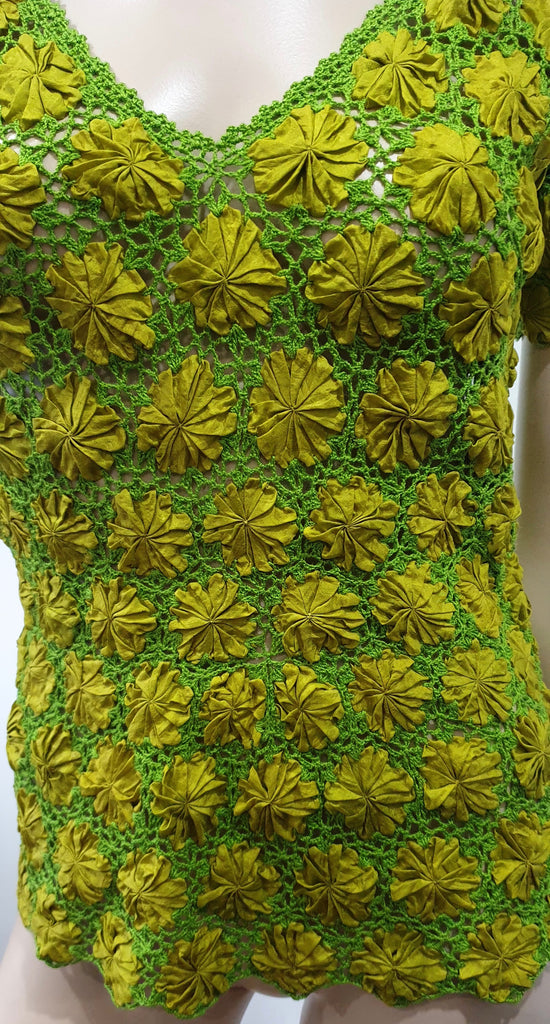 ERIC RAISINA Green & Yellow Silk Loose Embroidery Floral Detail Short Sleeve Top
