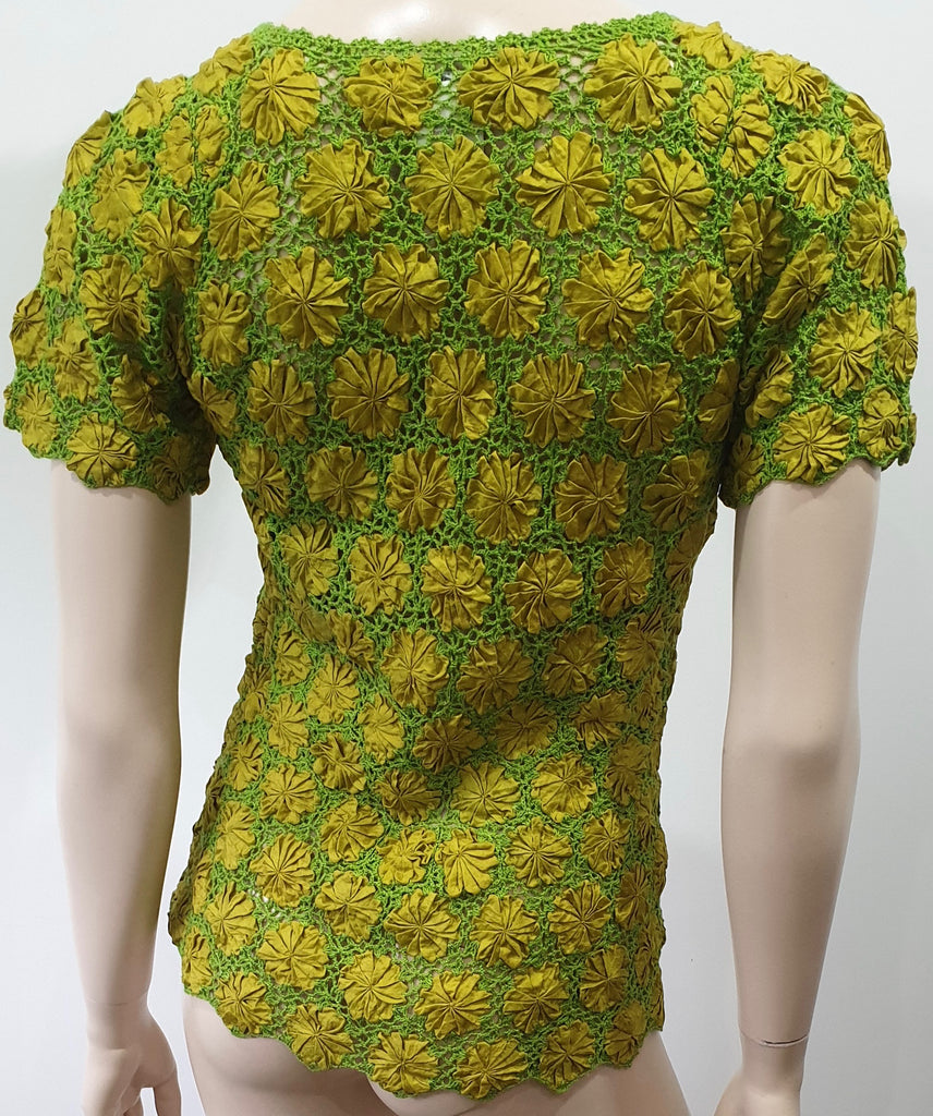 ERIC RAISINA Green & Yellow Silk Loose Embroidery Floral Detail Short Sleeve Top